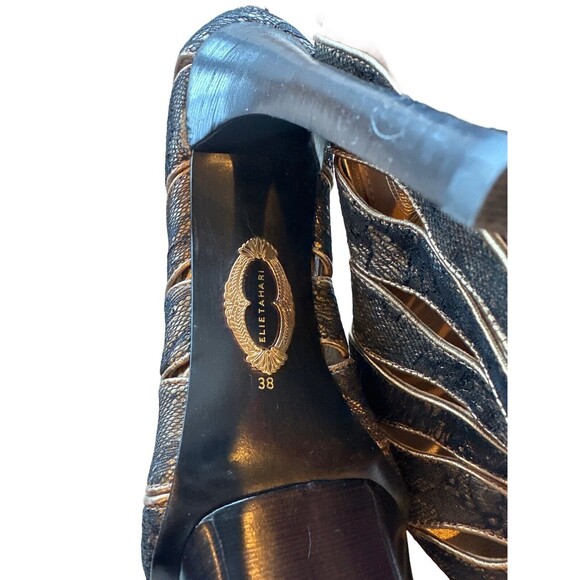 Elie Tahari Women's 38 7.5 Peep Toe Gold Black Lace Zip Pumps Leather 5" Heel - Picture 2 of 10